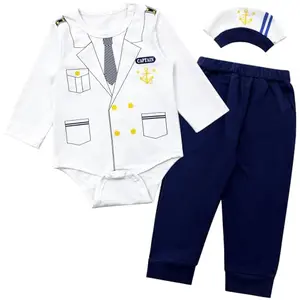 Pezhiqun white captain bodysuit with navy pants and sailor hat for baby boys and girls, budget-friendly Halloween costume