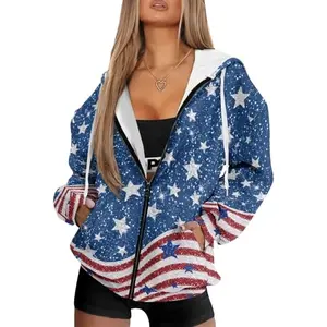 Kathyboom American Flag Stars Zip-Up Hoodie for Women