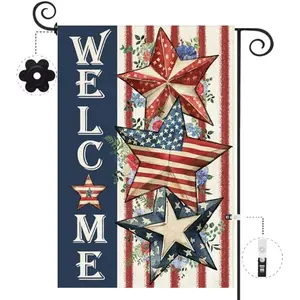 Baccessor patriotic garden flag, double-sided burlap, stars and floral design, welcome text