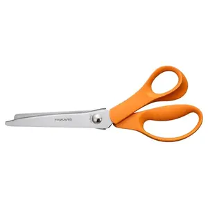 Orange Fiskars pinking shears with extended lower blade