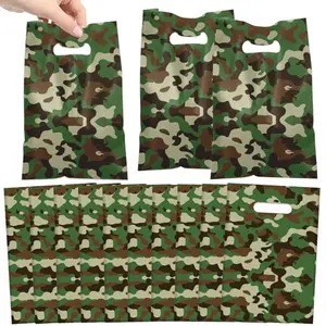 YYMYMGJ camouflage plastic goodie bags filled with candy, tied with green ribbons