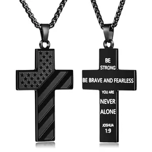 Fiusem black stainless steel American flag cross necklace with Joshua 1:9 Bible verse