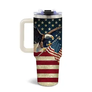DUUV 40oz American flag tumbler with eagle design, stainless steel insulated with handle, patriotic travel mug