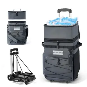 Grey Odoland rolling cooler bag with detachable frame and ice packs on a beach