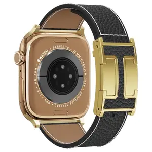 Tekvon black leather Apple Watch band with magnetic buckle on a white background