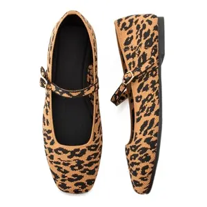 Soesyi women's square toe knit flats with ankle strap in leopard print