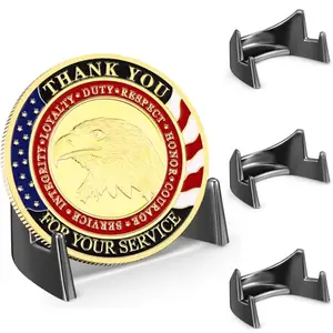 Set of four black metal coin display stands for challenge coins and medals