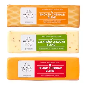 Hickory Farms Cheddar Cheese Variety Sampler - three blocks of sharp, smoked, and jalapeño cheddar