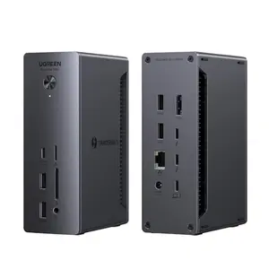 UGREEN Thunderbolt 4 Dock in gray, connected to a MacBook Pro with dual 4K monitors