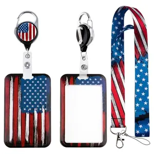 American flag lanyard with vertical card holder and retractable reel clip
