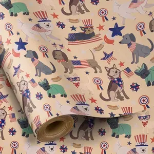 RUSPEPA patriotic dog wrapping paper roll with cartoon dogs, flags, and stars