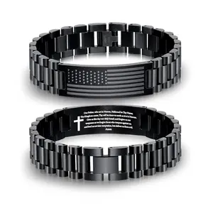 P.Blake stainless steel bracelet with American flag and Lord's Prayer engraving, displayed on a wrist
