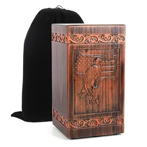 Carved wooden urn with eagle and American flag design, full size