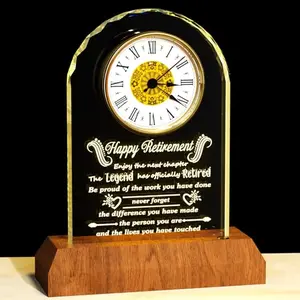 Arikyrist crystal retirement clock with wooden LED light base and golden accents
