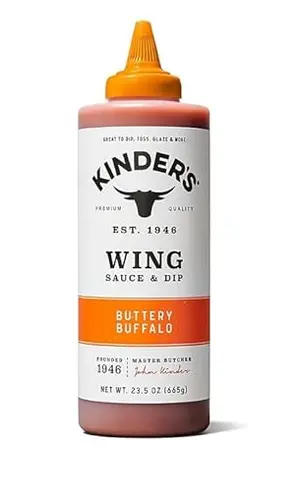 Kinder's Buttery Buffalo Wing Sauce squeeze bottle on a counter