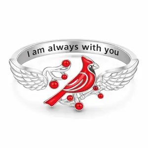 SUPAC silver-plated ring with red cardinal design and angel wings, adjustable memorial gift