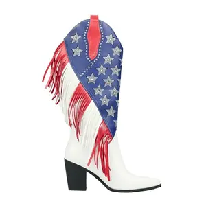 Multicolored mid-calf western boots with fringe and rhinestone stars