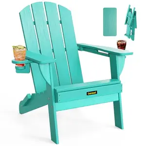 Folding lake blue Adirondack chair with two cup holders on a dock