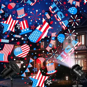 Black Lingvee 4th of July projector light with stake, projecting flag, USA banner, and balloons on house