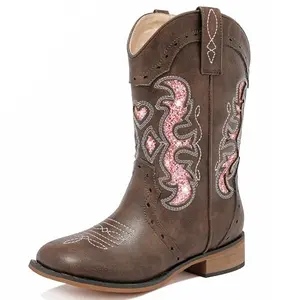 LAURMOSA girls glitter brown cowboy boots with embroidery