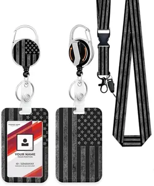 LOPIOIO Black White American Flag badge holder with retractable reel and key ring