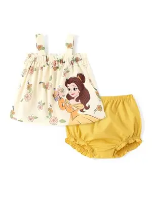 Summer set: yellow sleeveless ruffle top with Belle print and matching pink diaper cover for baby girl