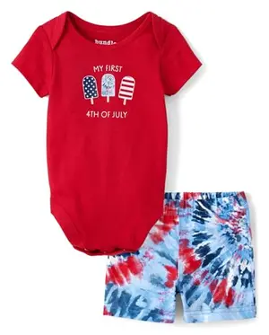 Baby boy short sleeve bodysuit and tie-dye shorts outfit for 4th of July