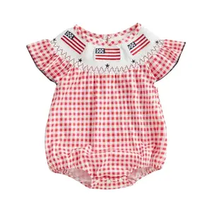 Rourufy baby girl 4th of July smocked bubble romper with plaid print and USA flag embroidery