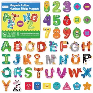 Auzesto 48-piece magnetic letters and numbers with animal and fruit designs on a fridge