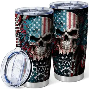 Equoza 20oz tumbler with skull and American flag design, includes reusable straw