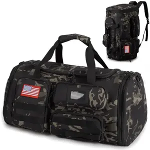 ATRIPACK expandable gym bag in camo black showing multiple external pockets and molle straps