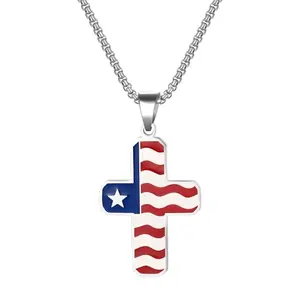 Aroncent stainless steel patriotic cross necklace with God Bless America engraving