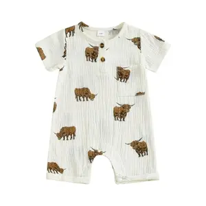 Beige baby boy romper with highland cow print and chest pocket