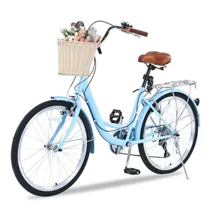 Blue EVGTTI cruiser bike with rattan basket and 24-inch wheels on a paved trail