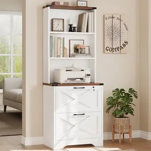 Tall white farmhouse SEDETA file cabinet with open shelves
