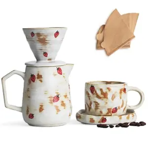 Handcrafted Roperu Pour Over Coffee Maker Set with strawberry pattern, including dripper, server, cup and saucer