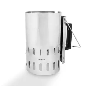 Broil King stainless steel chimney starter on a wooden deck