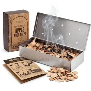 BBQ smoker box kit with apple wood chips, hickory salt, and stainless steel box