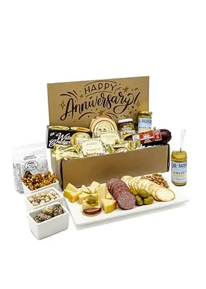Dan the Sausageman Anniversary Basket with summer sausage, cheese, pretzels, crackers, olives, nuts and chocolate