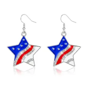 Selection of red, white, and blue dangle earrings with flag, teardrop, and rhinestone designs