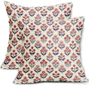 Sivirary navy blue red floral block print pillow covers on a rustic wooden bench outdoors