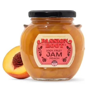 Passion Root Peach Jam jar with no added sugar label