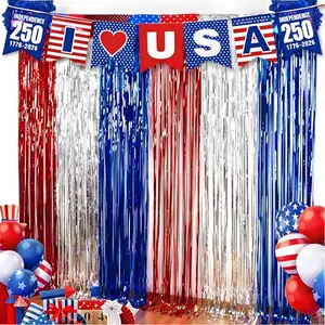 Red white and blue foil fringe backdrop streamers for 4th of July party door decoration