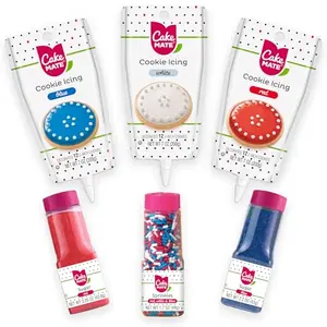 Cake Mate Patriotic Decorating Kit with red, white and blue icing, sugar, and sprinkles