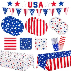 Complete 4th of July party supplies set with plates, napkins, cups, banner, and tablecloth for 24 guests