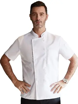 Black short-sleeve chef coat with mesh back and button front