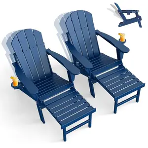 Blue adjustable Adirondack chair with extended ottoman on a patio by the lake