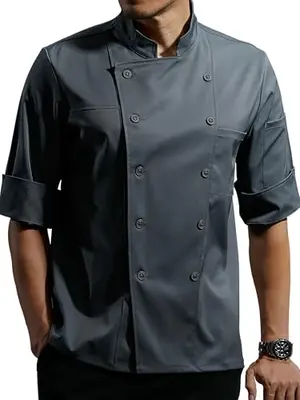 Grey short-sleeve chef coat with stretch fabric and button front