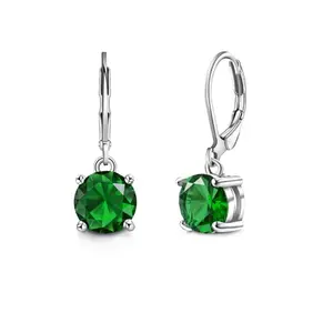 Silver leverback earrings with 8mm round emerald green cubic zirconia, classic birthstone style