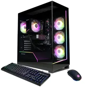 CyberPowerPC Gamer Master gaming PC with tempered glass side panel and RGB lighting